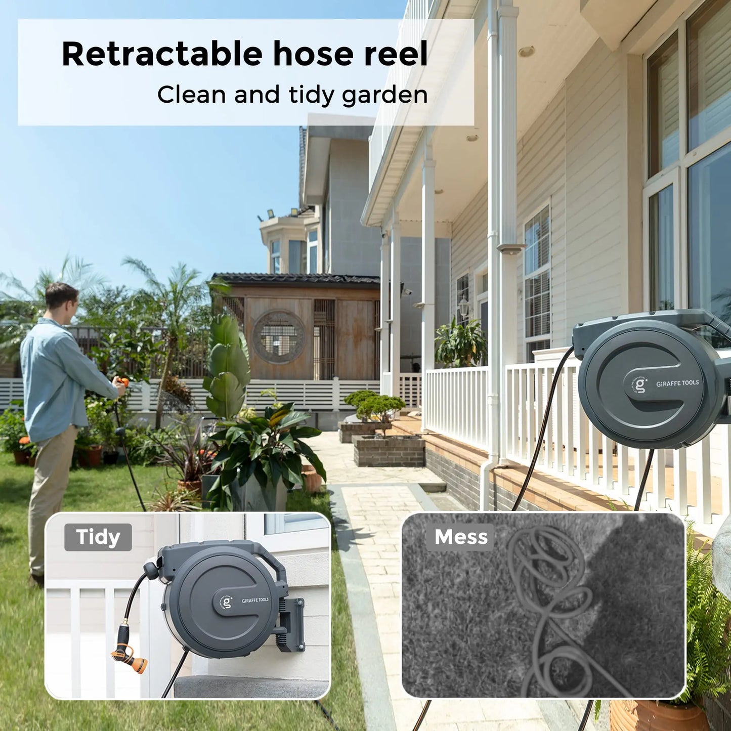 Retractable Hose Reel 5/8" x 90 ft Wall Mounted Garden Hose Reel Heavy Duty, Automatic Rewind