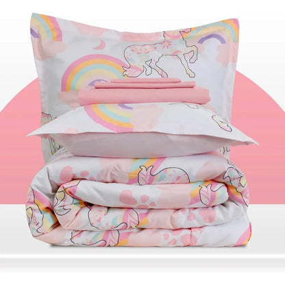 Kids Unicorn Bedding Set Full/Queen Size - 7 Piece Pink Comforter with Sheets & Pillowcases, Super Soft & Cute Design