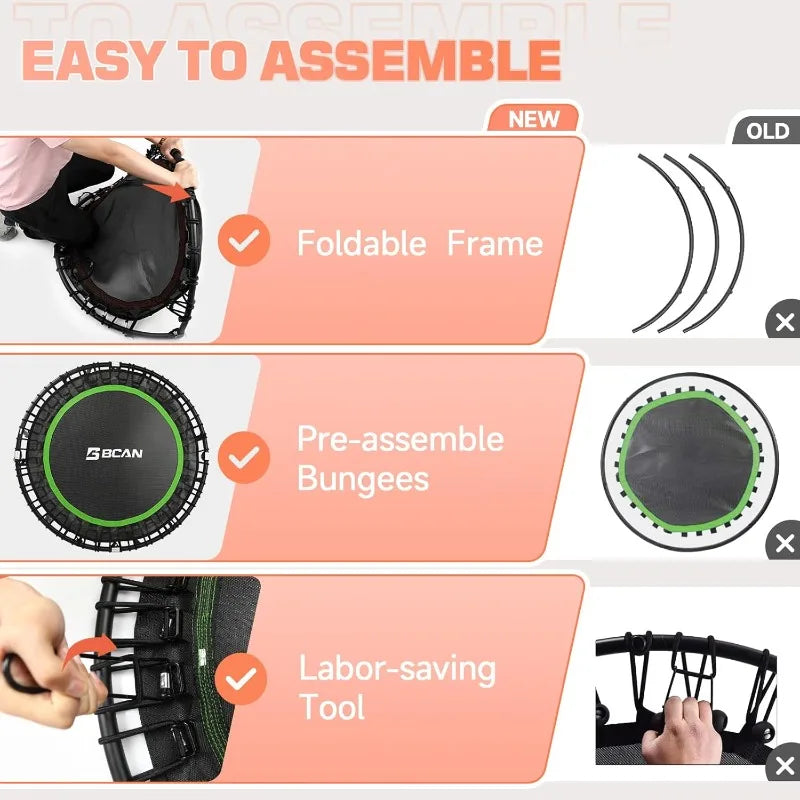 BCAN 450LBS Foldable Mini Trampoline, 40" Fitness Trampoline with Durable Bungees, Stable & Quiet Exercise Rebounder for Adults